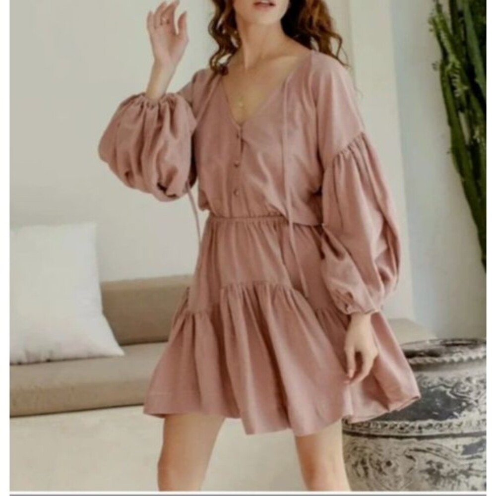 ELF Alessandra Puff Sleeves Linen Dress - Mauve Pink- Womens XXL NEW